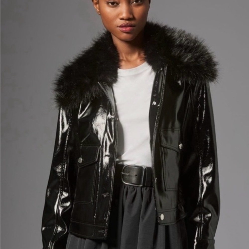 Maeve Black Patent Jacket with Faux-Fur Collar
